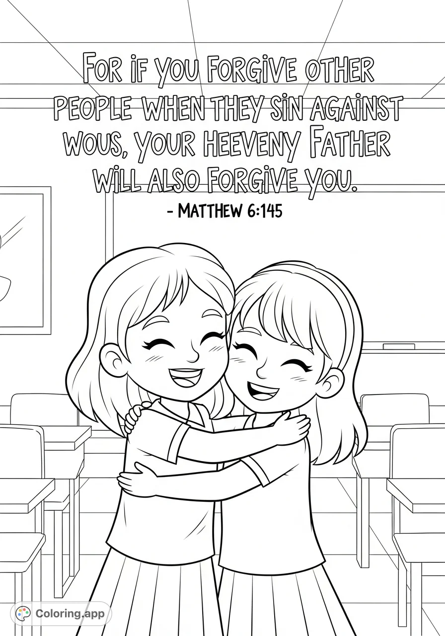 A heartwarming cartoon coloring page featuring two smiling girls hugging in a school setting, accompanied by a scripture message on forgiveness. Perfect for kids!