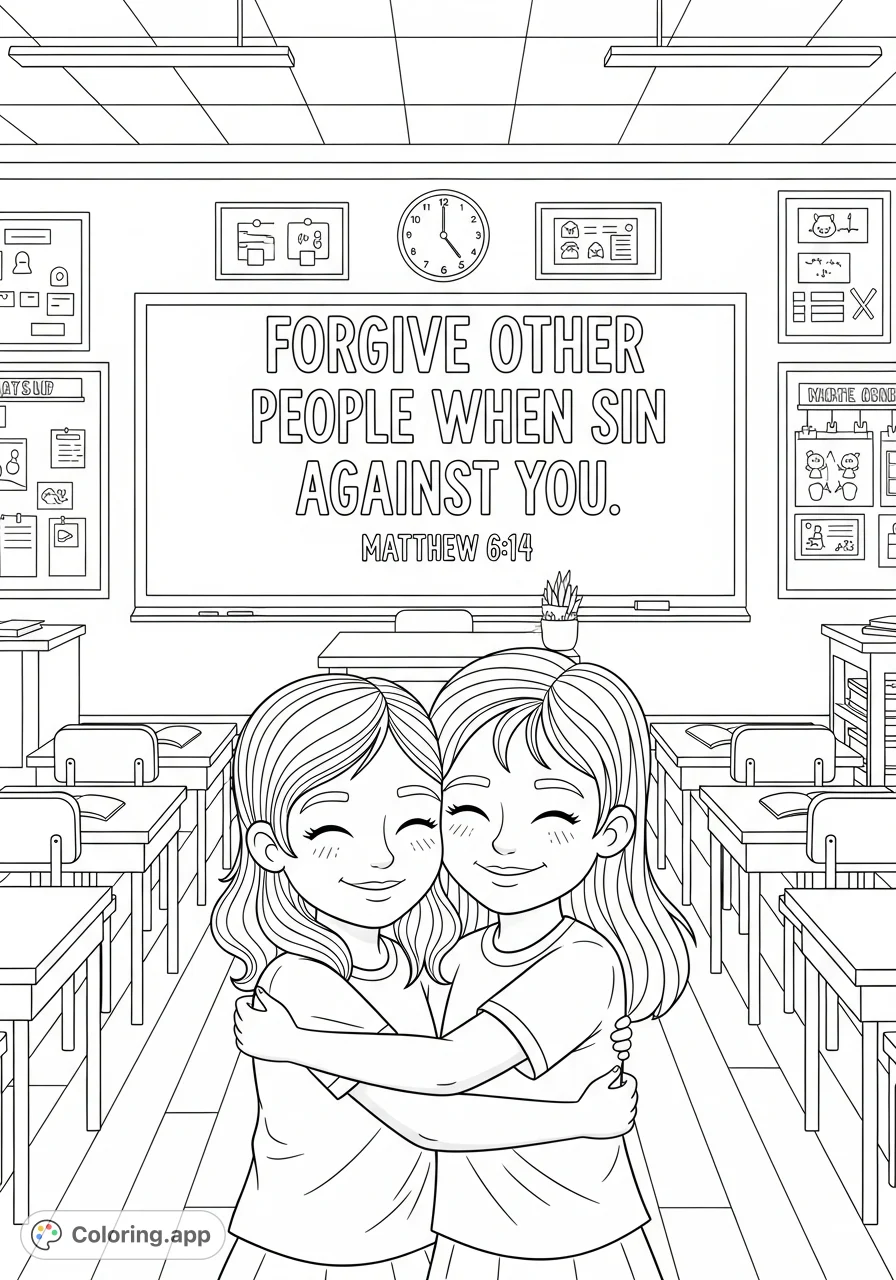 A heartwarming forgiveness coloring page featuring two girls hugging in a school classroom, with an uplifting Bible verse. Free printable for kids to learn kindness.