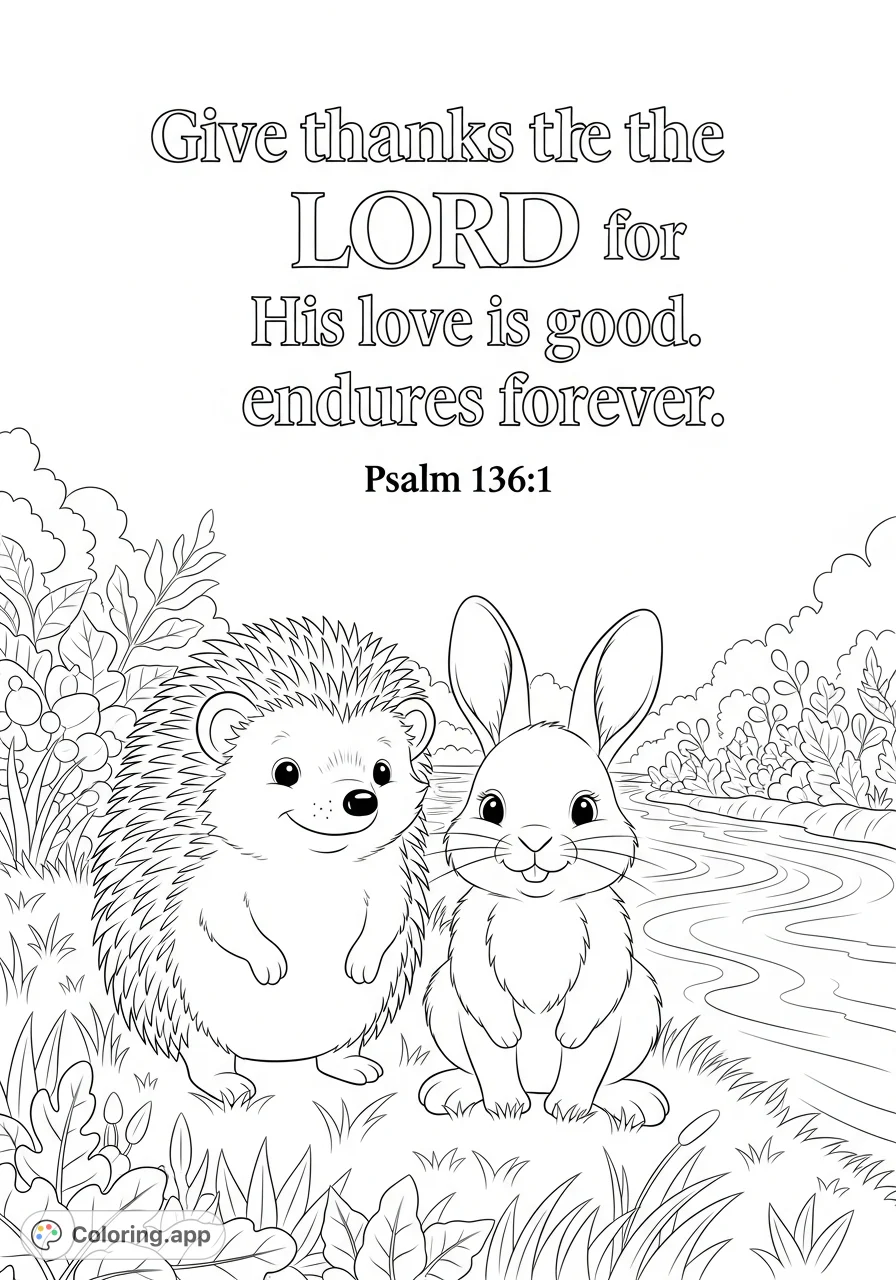 A heartwarming Thanksgiving Scripture coloring page featuring a smiling hedgehog and rabbit by a river, with uplifting biblical text.
