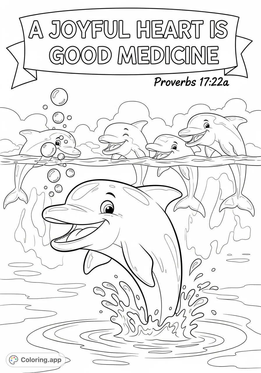 A delightful cartoon coloring page featuring smiling dolphins leaping in water with an uplifting quote. Perfect for marine life enthusiasts!