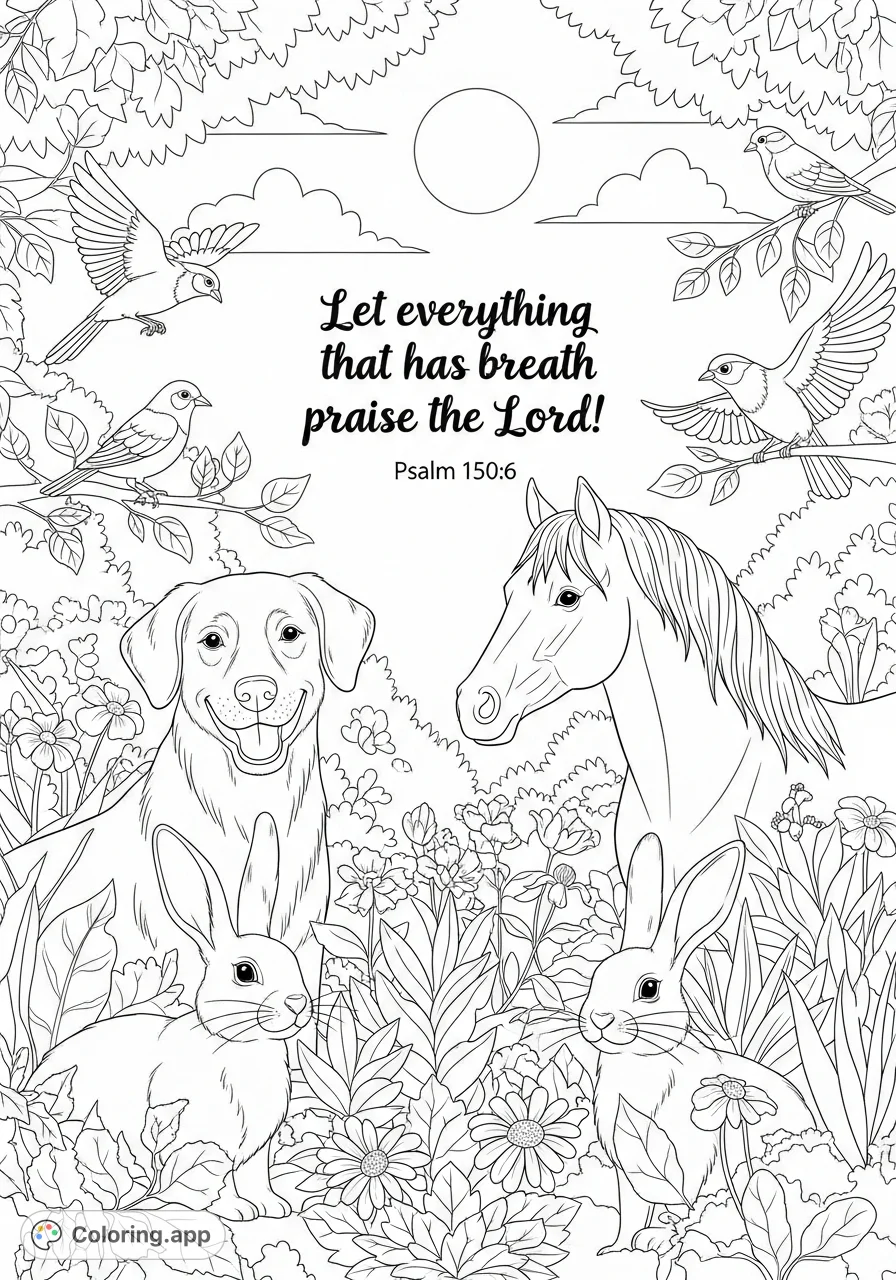 A cheerful garden scene featuring smiling animals—dog, horse, rabbits, and birds—amidst lush foliage, with an uplifting scripture quote.