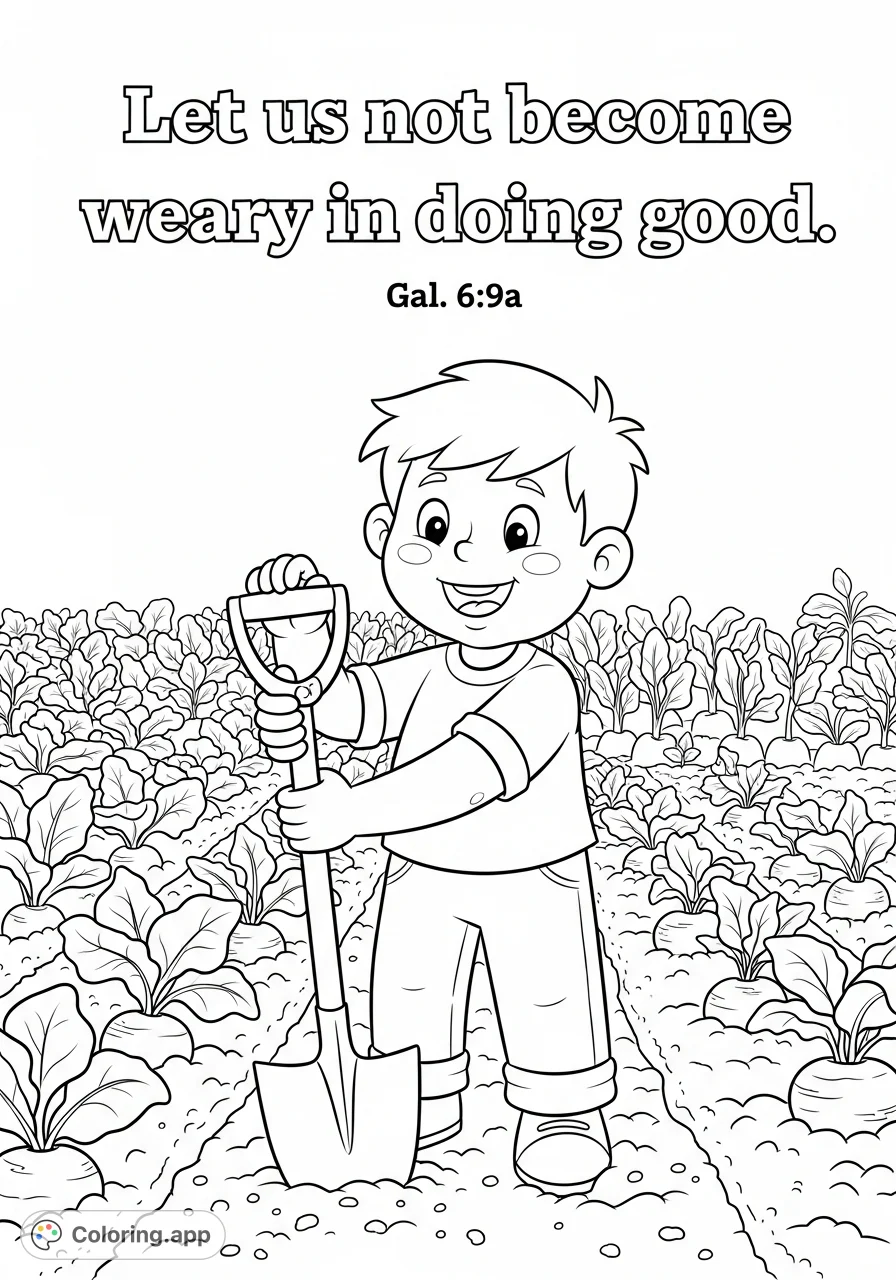 A charming cartoon of a smiling boy actively digging in his vegetable garden, featuring the inspiring text "Let us not become...