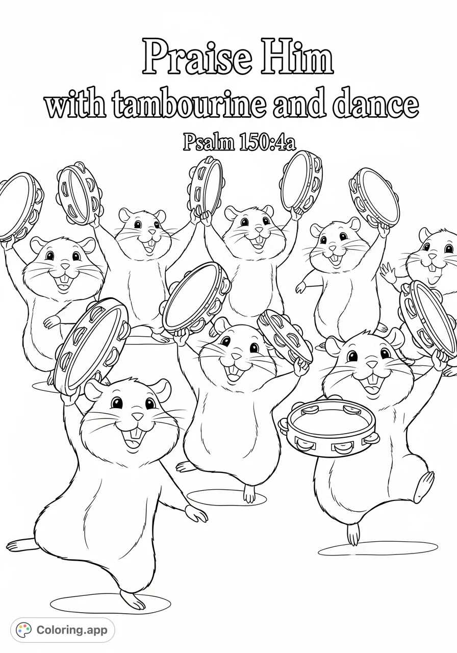 A delightful hamsters coloring page showcasing a group of smiling hamsters enthusiastically playing tambourines and dancing, accompanied by uplifting scripture.