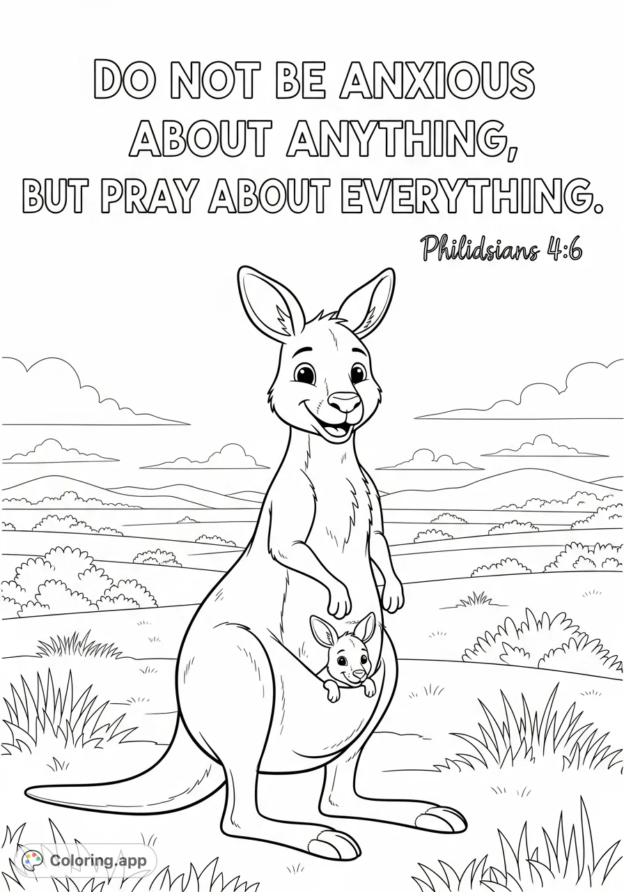 A heartwarming free printable kangaroo coloring page featuring a smiling kangaroo with its joey and an uplifting Bible verse from Philippians 4:6. Inspiring fun!