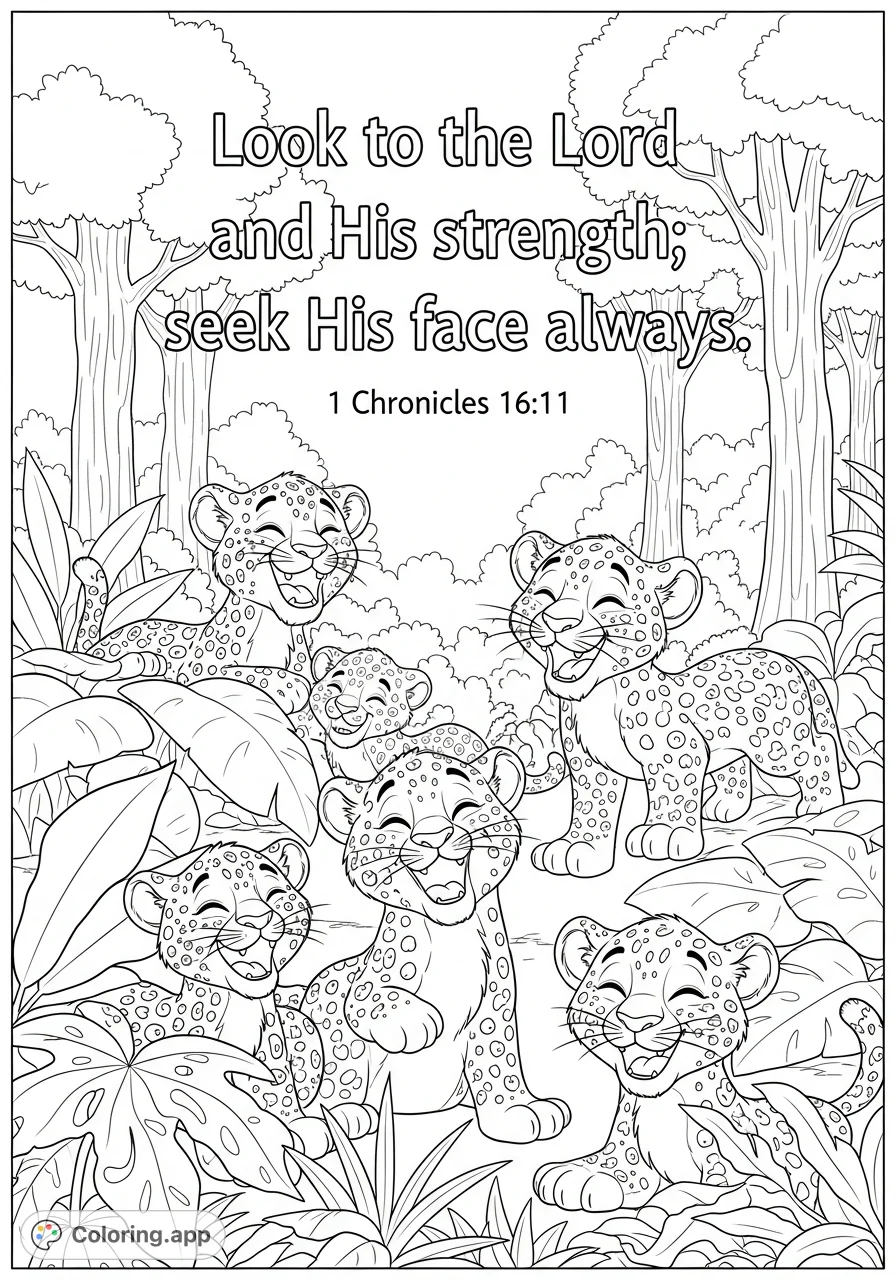 A delightful cartoon coloring page featuring happy, laughing leopard cubs amidst a lush jungle, with inspiring scripture.