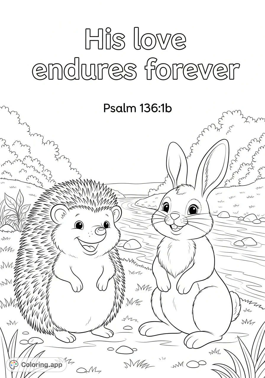 A heartwarming coloring page featuring a smiling hedgehog and rabbit by a serene river, with the uplifting scripture "His love endures forever. Psalm 136:1b".