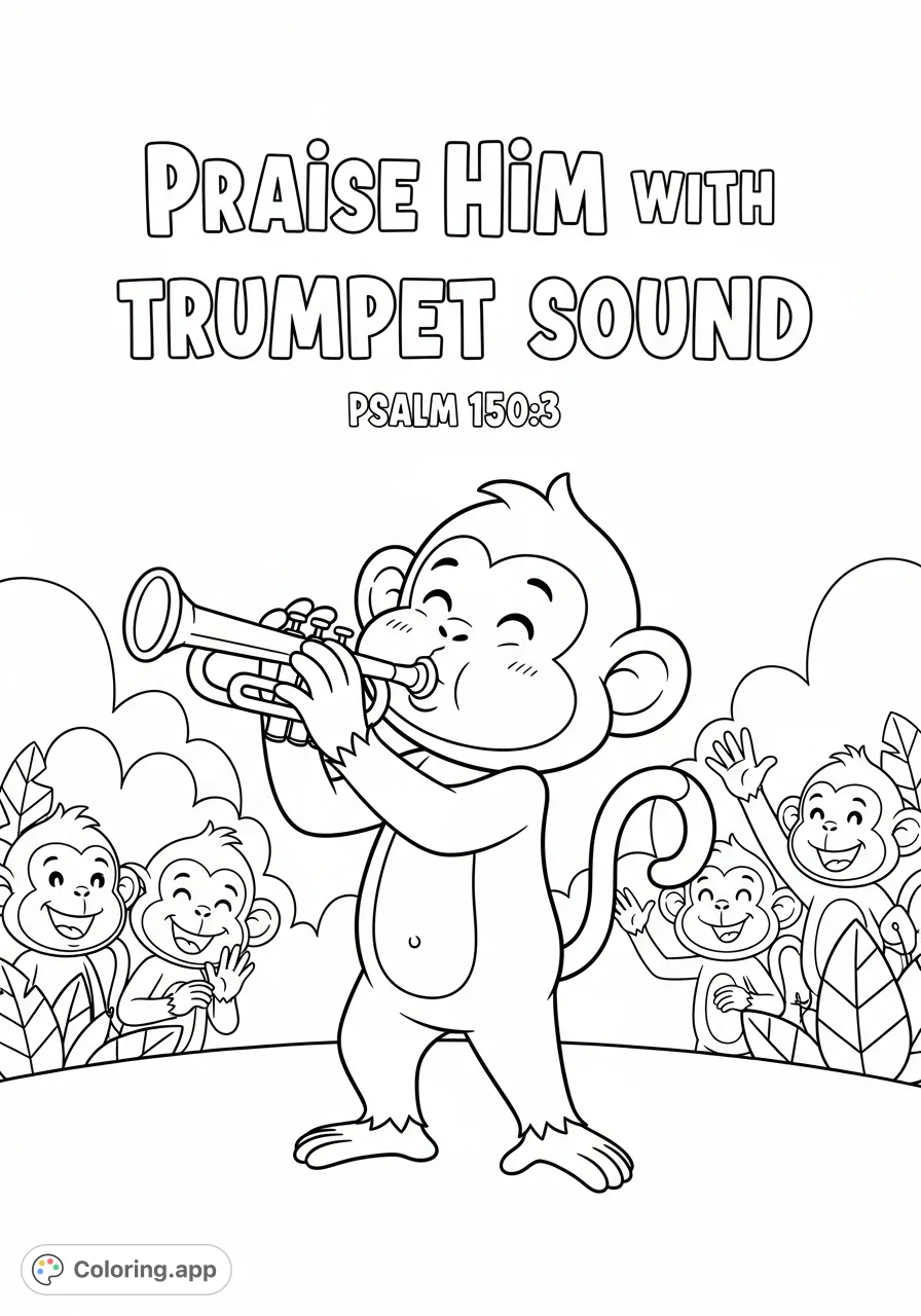 A delightful cartoon monkey plays a trumpet with joyful abandon, surrounded by smiling friends and inspirational text from Psalm 150:3. Perfect for all ages!