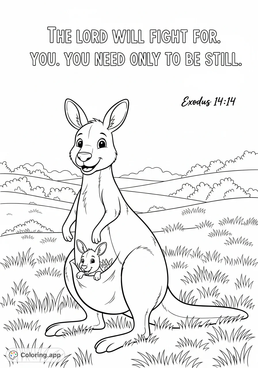 A heartwarming cartoon kangaroo with its joey and an inspiring Bible verse, perfect for a peaceful and reflective coloring experience.