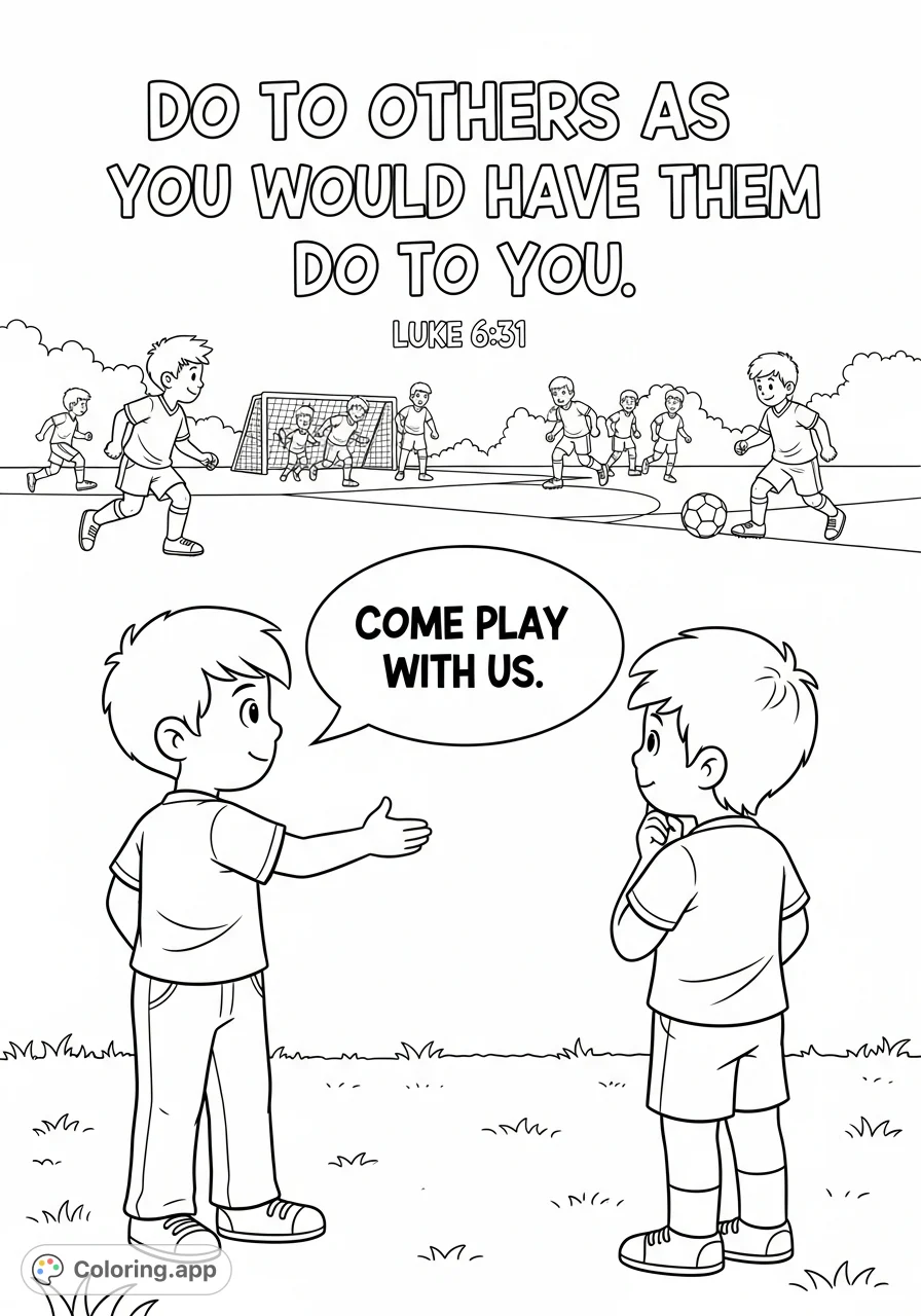 A heartwarming cartoon scene depicting a boy inviting another to play soccer, with a biblical quote on kindness. Perfect for teaching empathy.