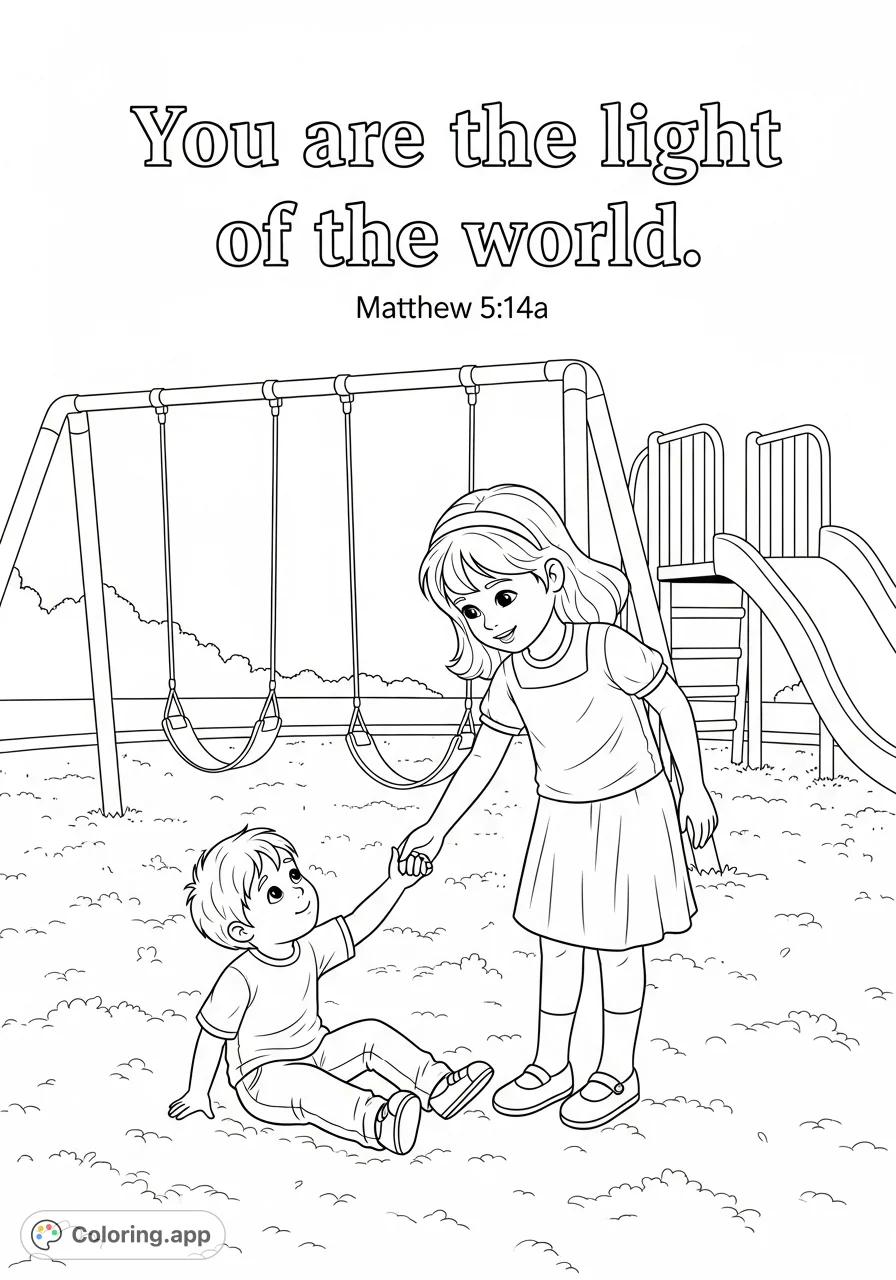 A heartwarming scene of a girl helping a fallen boy on a playground, featuring inspirational text about being the light of the world. Perfect for teaching kindness.
