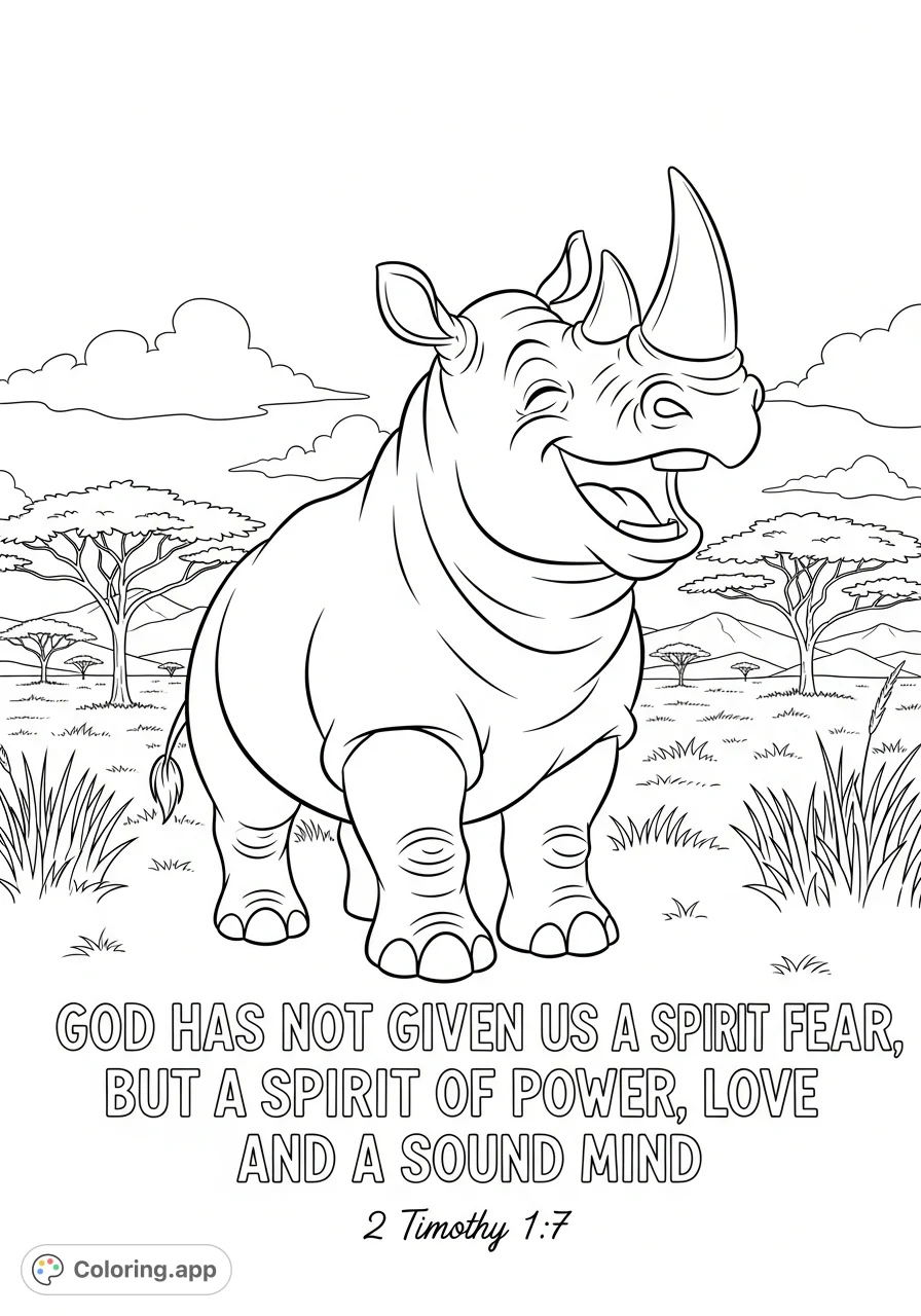 A cheerful rhinoceros with powerful horns laughs amidst an African safari. Features inspiring scripture and a savanna landscape for a unique coloring page.