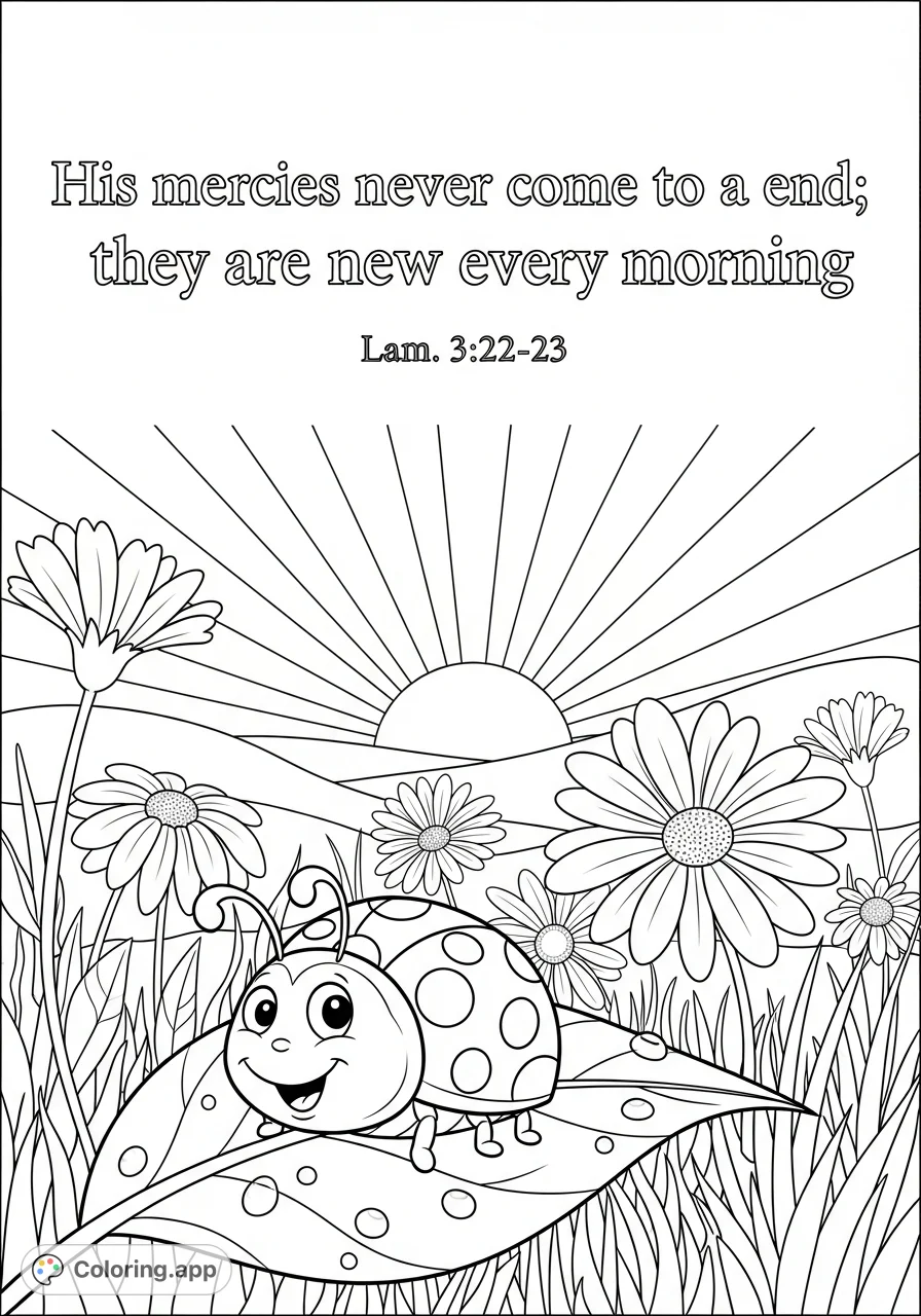 A heartwarming cartoon ladybug on a leaf with a vibrant sunrise and flowers, featuring an uplifting scripture. Perfect for peaceful coloring.