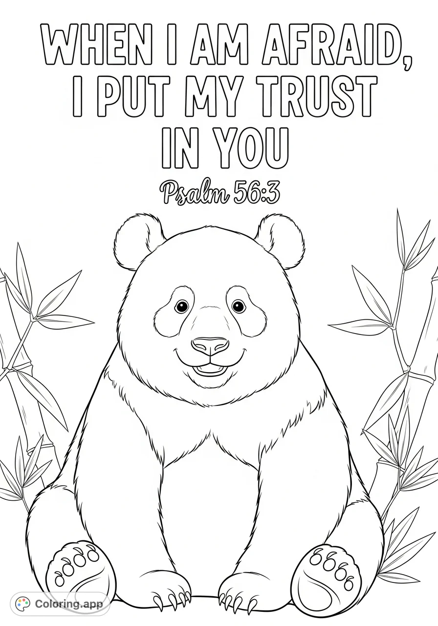 A comforting coloring page featuring a smiling panda bear and the uplifting Bible verse "When I am afraid, I put my trust in you" from Psalm 56:3.