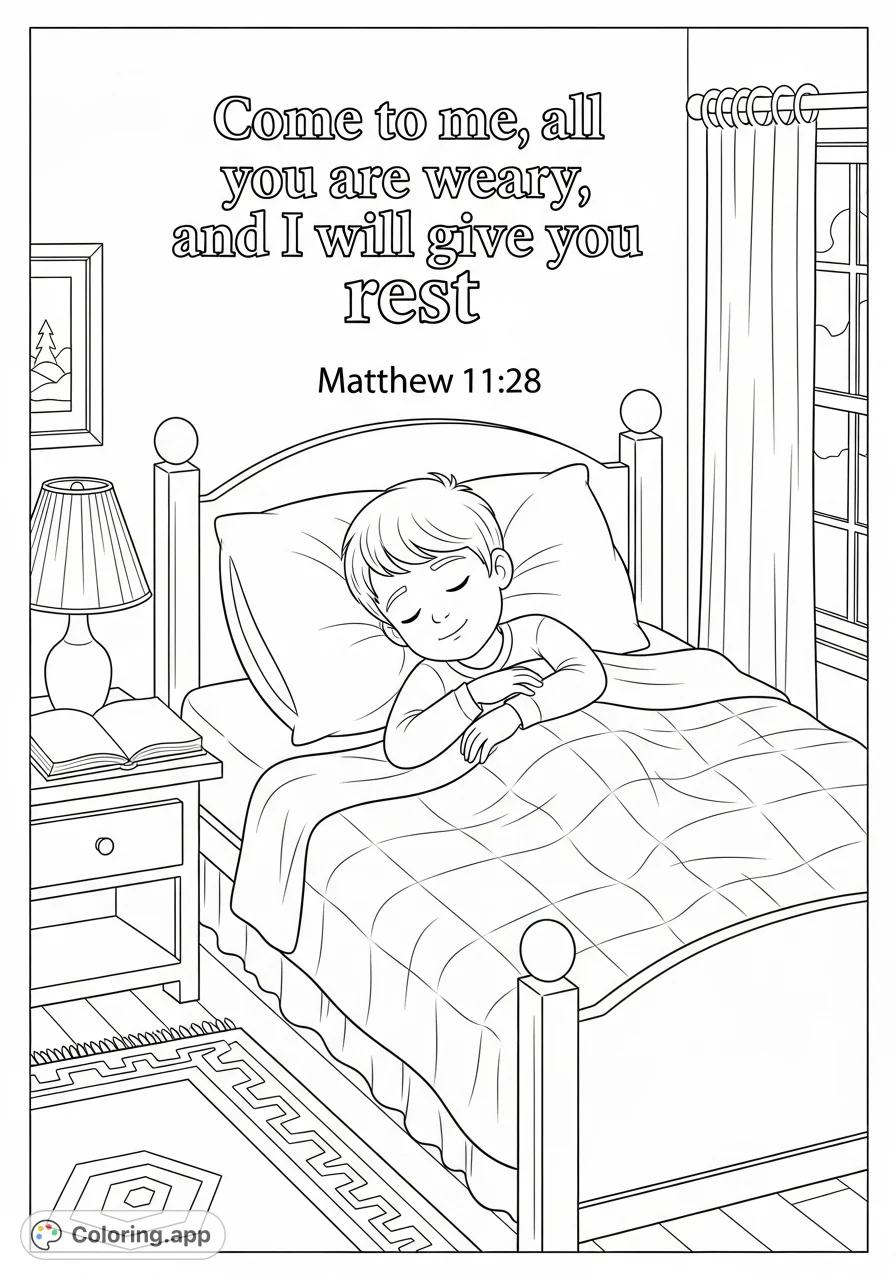 Discover peace with this comforting coloring page: a smiling boy sleeping soundly in a cozy bed, adorned with the inspiring scripture, 'Matthew 11:28'.