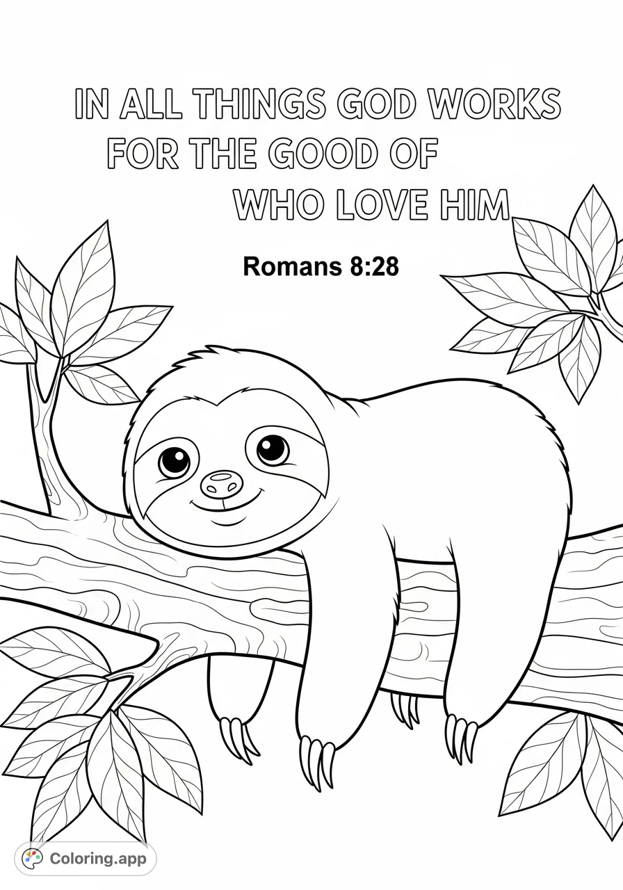A peaceful cartoon sloth rests on a tree branch, accompanied by an uplifting scripture verse, perfect for a calming coloring experience.