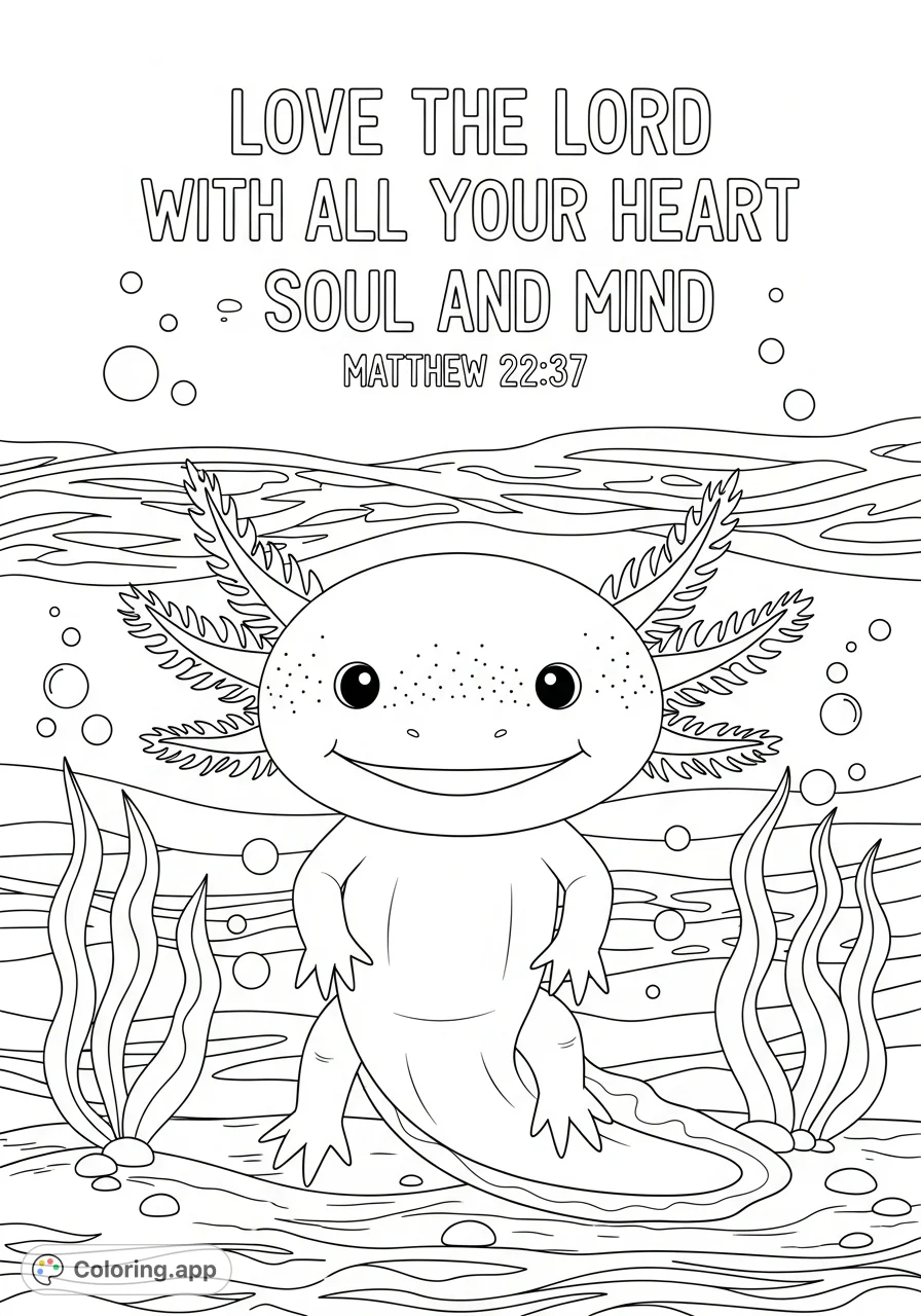 A cheerful axolotl amidst wavy water, accompanied by an uplifting spiritual quote and scripture reference. Perfect for a calming coloring session.