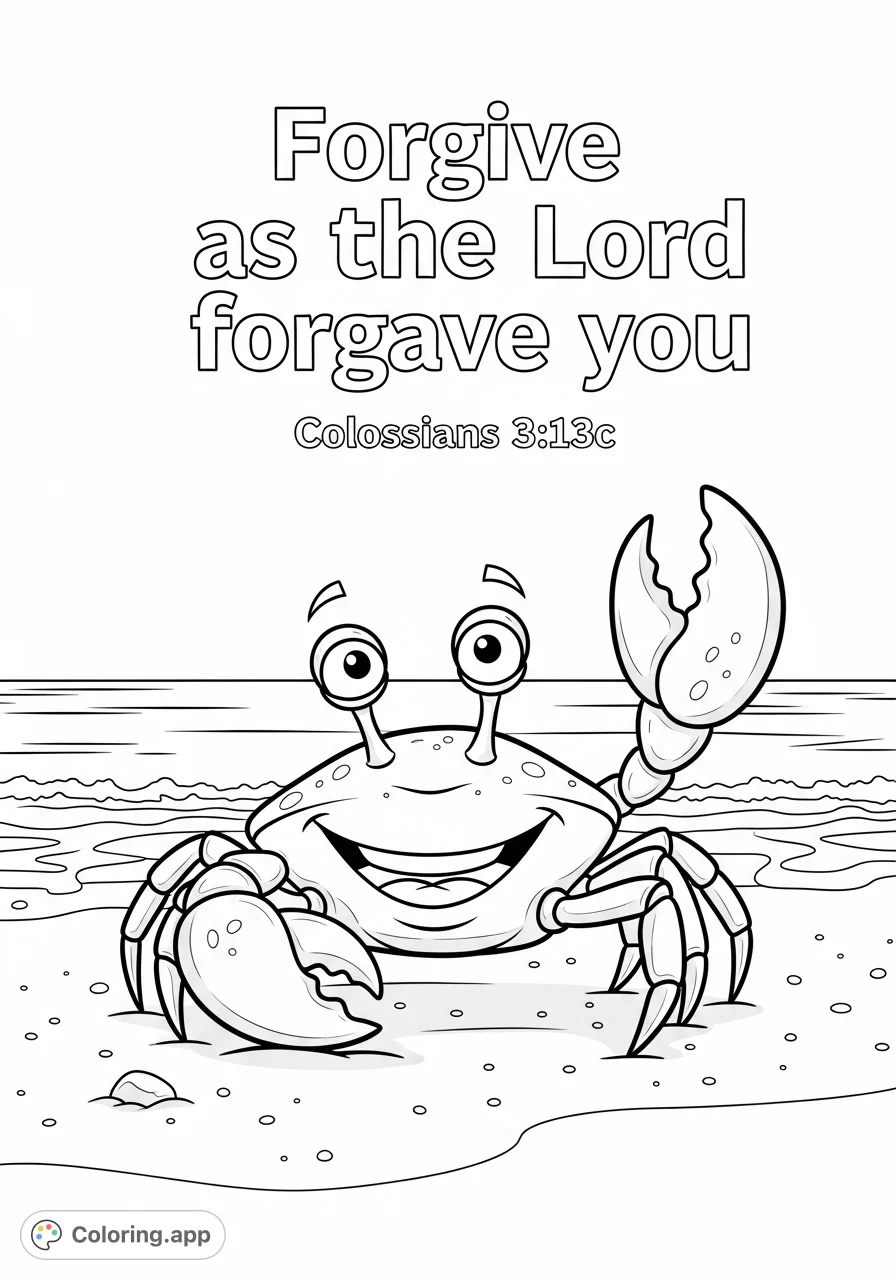 A cheerful crab on a beach scene with the inspirational quote "Forgive as the Lord forgave you" and "Colossians 3:13c", perfect for reflection.