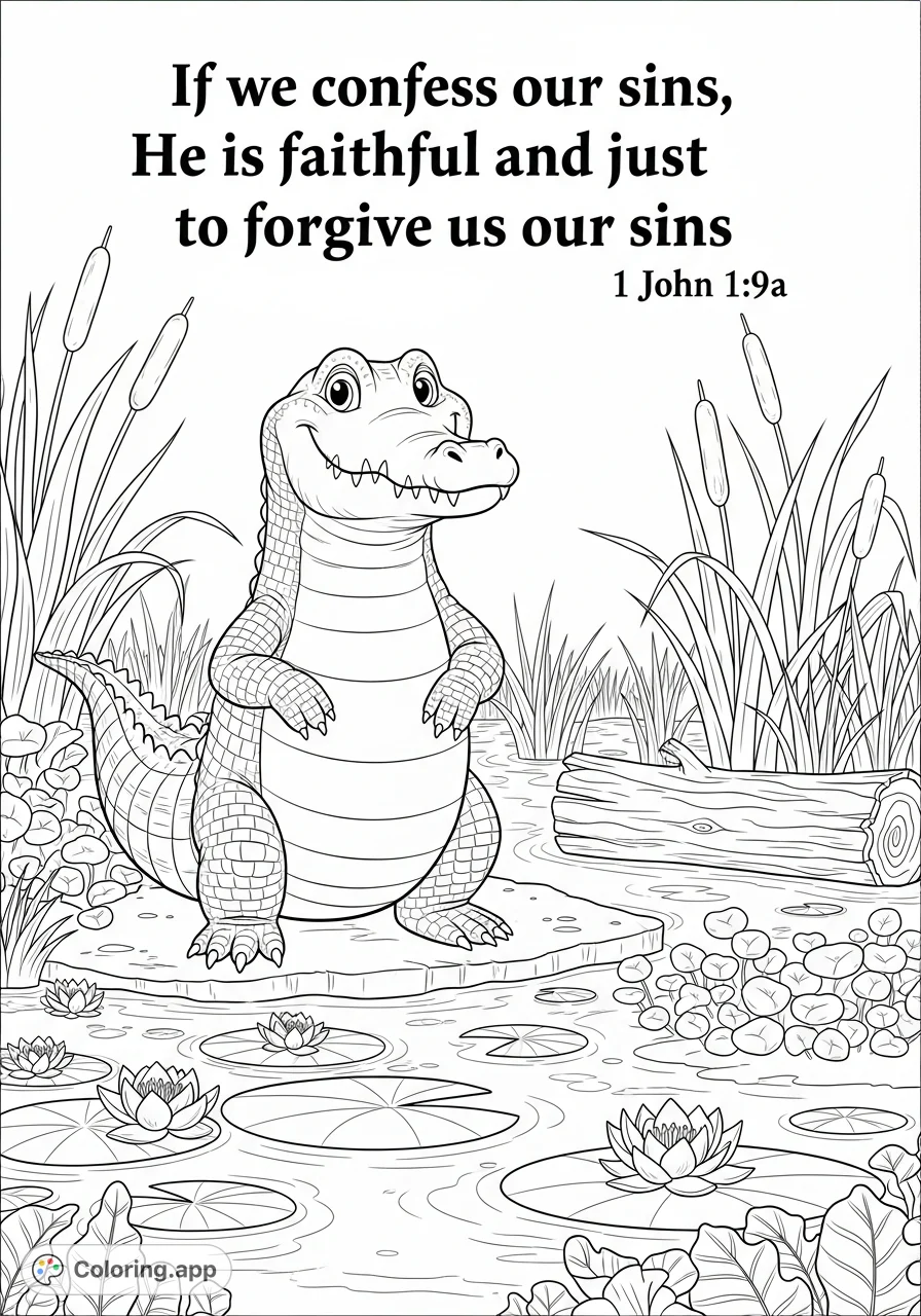 A friendly, upright crocodile smiles by a serene swamp, surrounded by lily pads and reeds, with an uplifting scripture prominently displayed.