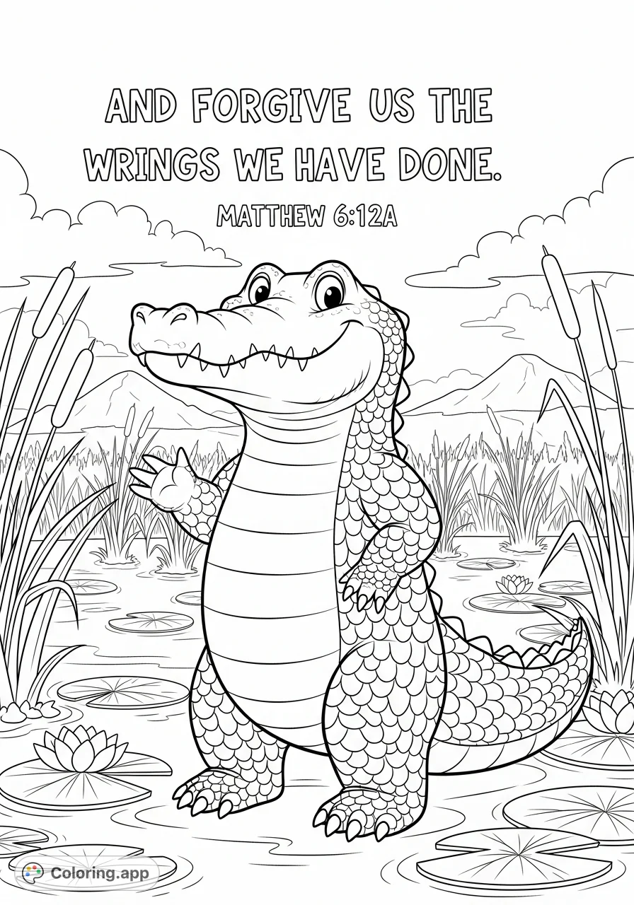 A cheerful cartoon crocodile stands by a swamp, accompanied by the uplifting biblical verse "And forgive us the wrongs we have done" (Matthew 6:12a).