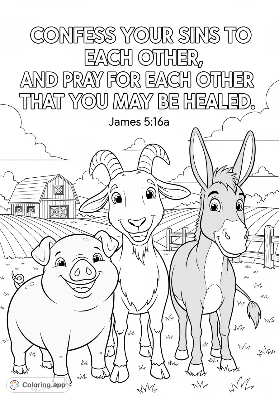 A delightful farm animals coloring page featuring a smiling goat, pig, and donkey alongside the inspirational scripture from James 5:16a, set on a rustic farm.