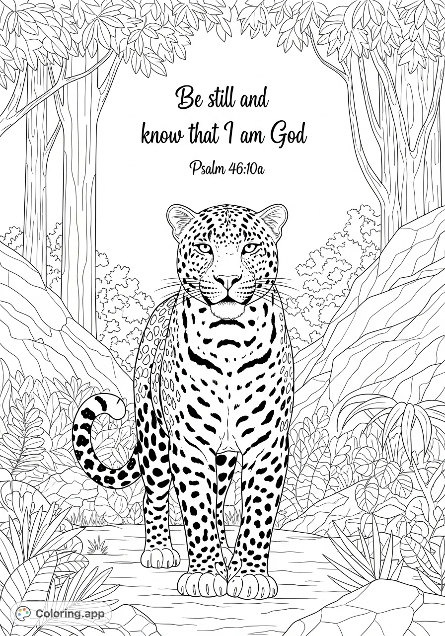 A serene leopard coloring page featuring a graceful animal amidst lush wilderness, with an uplifting scripture from Psalm 46:10a. Perfect for reflection.