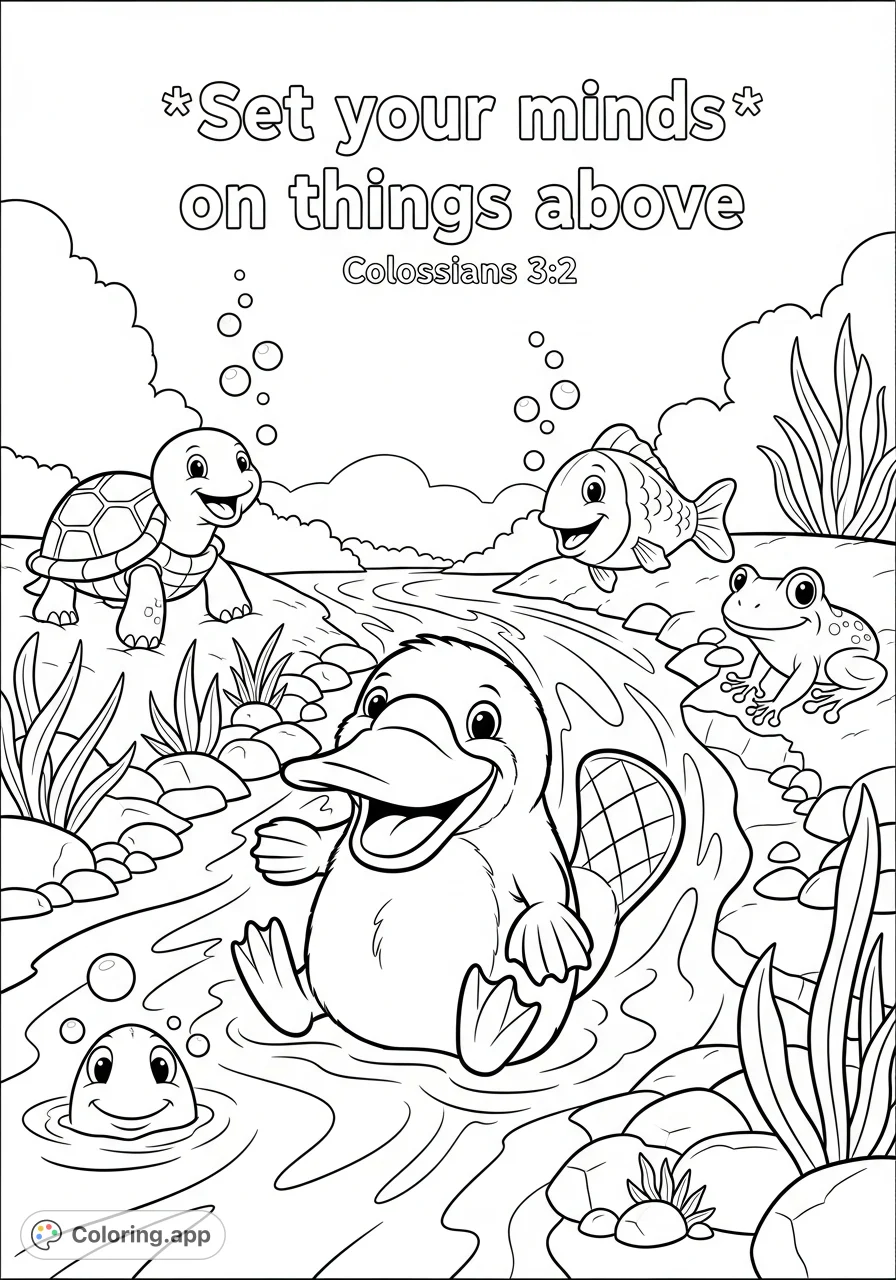 A charming river scene featuring a smiling platypus and cheerful river creatures, accompanied by an uplifting Bible verse for inspiration.