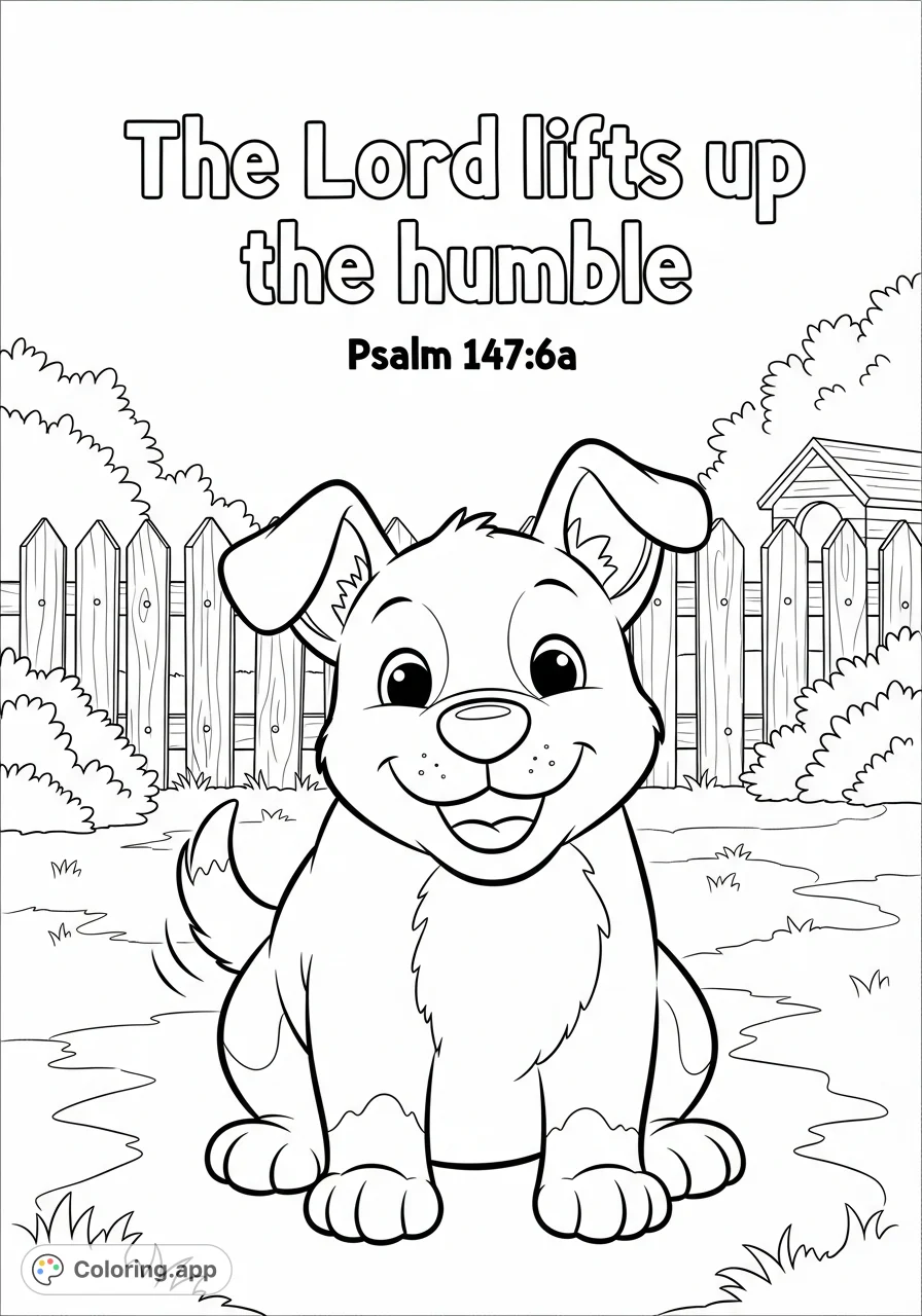 A heartwarming cartoon puppy smiles brightly in a charming backyard setting, featuring uplifting scripture. A wonderful free printable puppy coloring page for all ages.