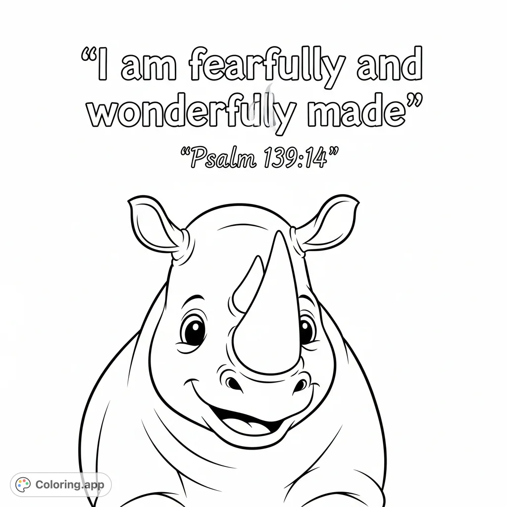 An uplifting coloring page featuring a cheerful cartoon rhinoceros alongside the inspiring scripture "I am fearfully and wonderfully made" from Psalm 139:14. Perfect for all ages!