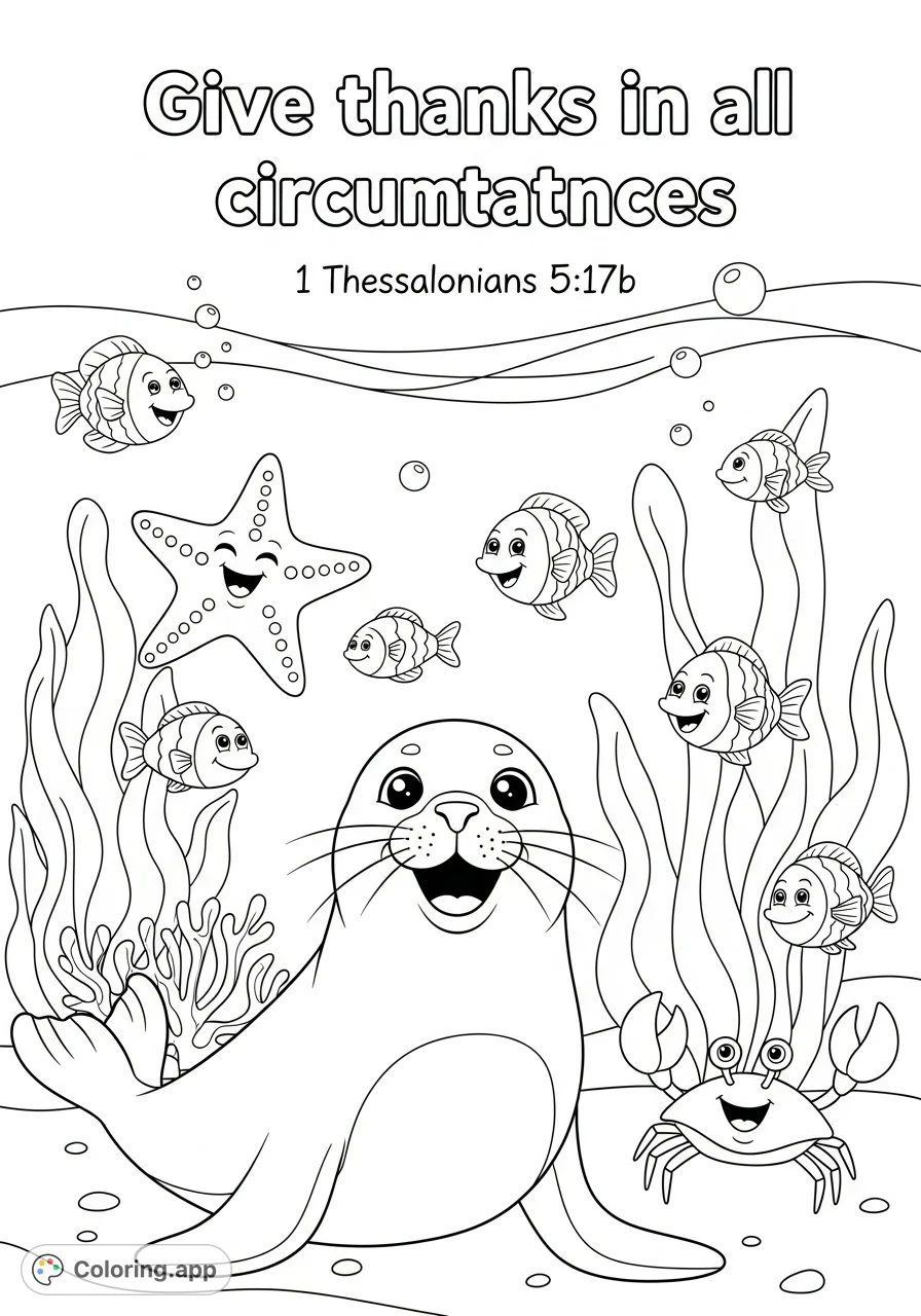 Color a heartwarming scene of a smiling seal and cheerful sea creatures, accompanied by the uplifting message "Give thanks in all circumstances". An inspiring free printable coloring page.