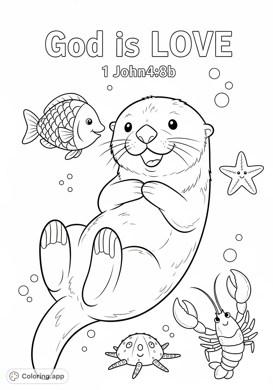 A delightful sea otter floats with cheerful sea creatures and inspirational scripture "God is LOVE" for a peaceful coloring experience.