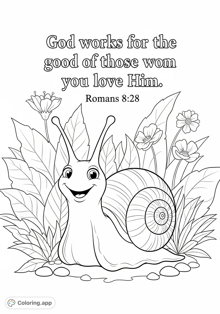 An inspiring garden snail coloring page featuring a cheerful snail amidst foliage, accompanied by the uplifting scripture 'Go...