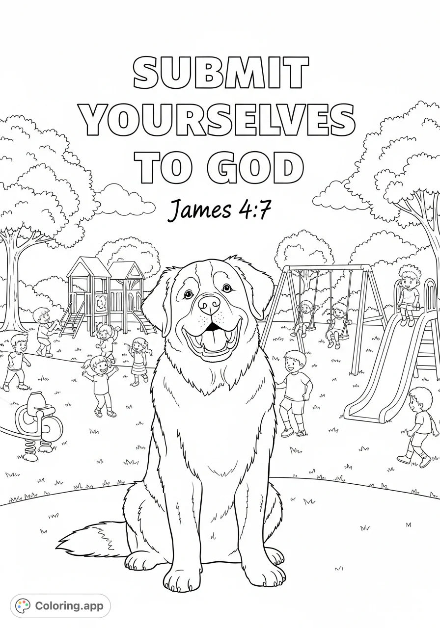 A friendly St Bernard dog sits in a vibrant park with children playing on a playground in the background, featuring an uplifting biblical quote.