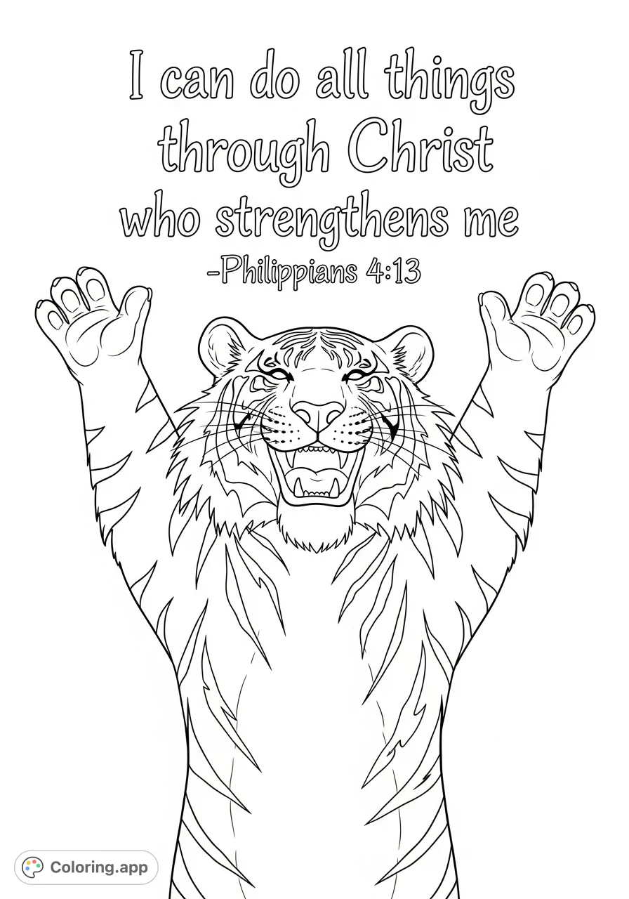 An uplifting Christian coloring page featuring a smiling tiger with raised hands and the inspiring scripture "I can do all th...