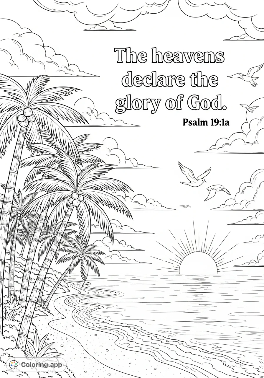 A serene sunrise over the ocean with palm trees, flying birds, and beautiful clouds, featuring an inspiring biblical quote. A peaceful nature scene coloring page.