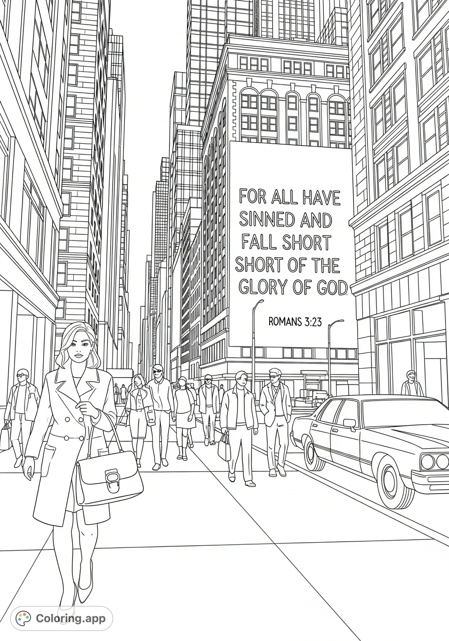 An intricate urban scene featuring people, tall buildings, a car, and a prominent scripture from Romans 3:23, offering a reflective coloring experience.