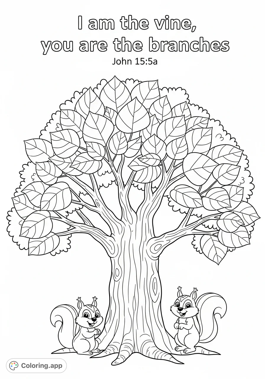 An inspiring 'I am the vine' tree coloring page featuring a robust tree, playful cartoon squirrels, and the biblical verse 'John 15:5a'.