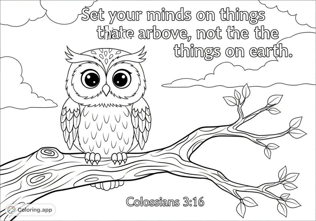 A charming cartoon owl perched on a branch, framed by an inspirational scripture verse. A delightful and reflective coloring page for all ages.