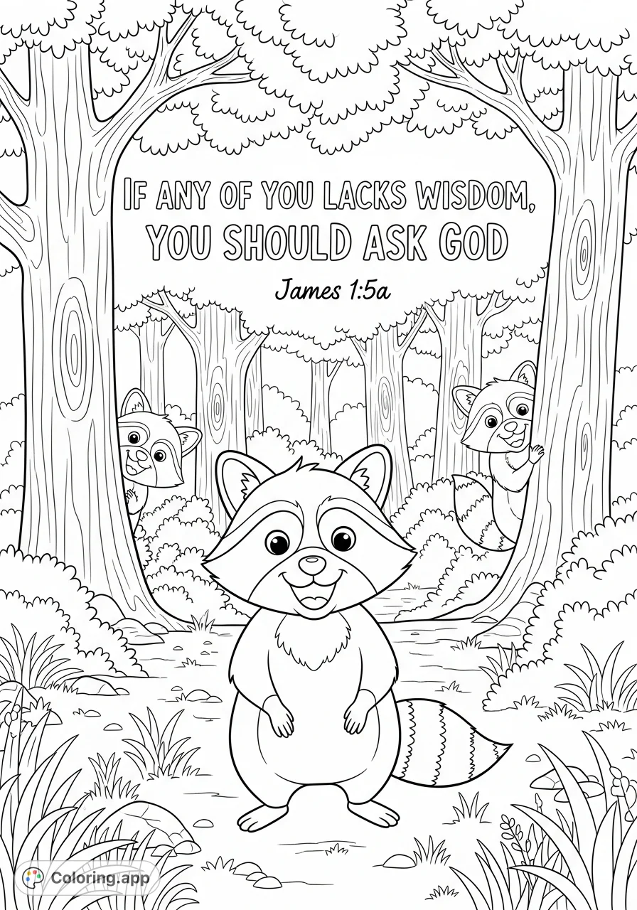 A charming Christian wisdom coloring page featuring three smiling raccoons in a peaceful woodland, accompanied by an uplifting Bible verse.