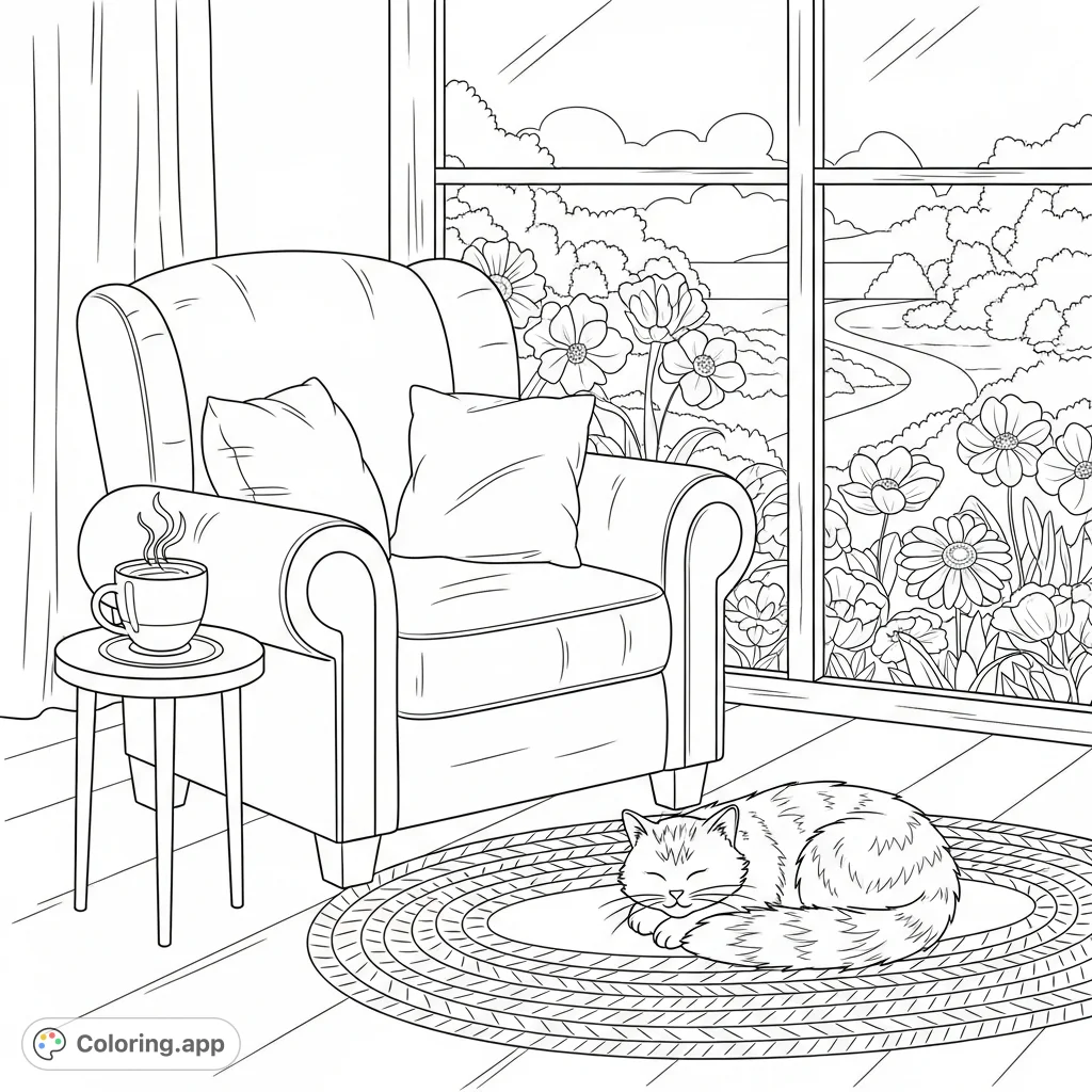 Relax in this peaceful sunlit nook featuring a plush armchair, a steaming mug, a sleeping cat, and a beautiful garden view. A perfect cozy escape.