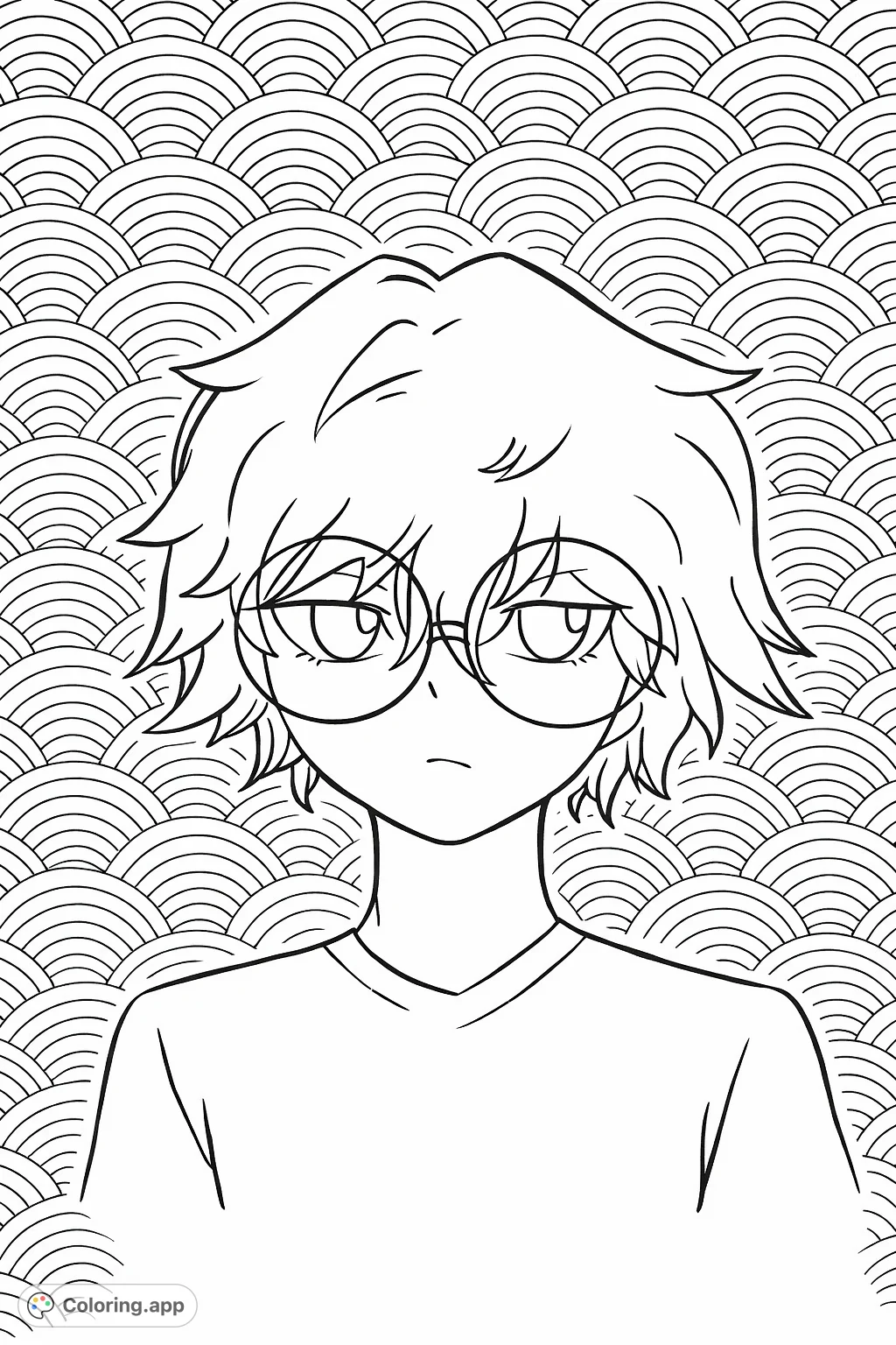 Color a hand-drawn sketch of a thoughtful character with shaggy hair and round glasses. Features a unique wave pattern background.