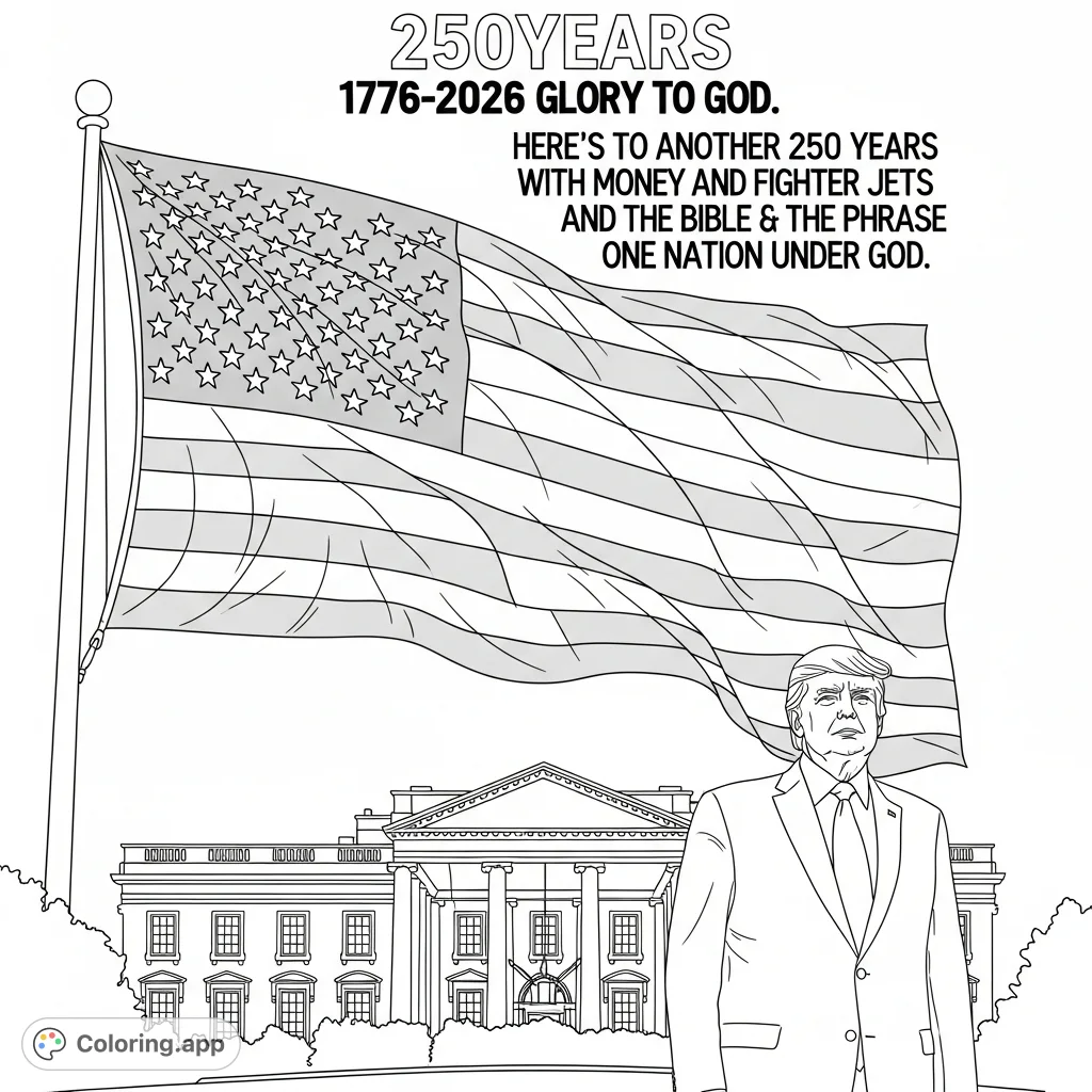 A patriotic coloring page featuring president trump in front of the White House with the American Flag, commemorating 250 years of national history and future aspirations.