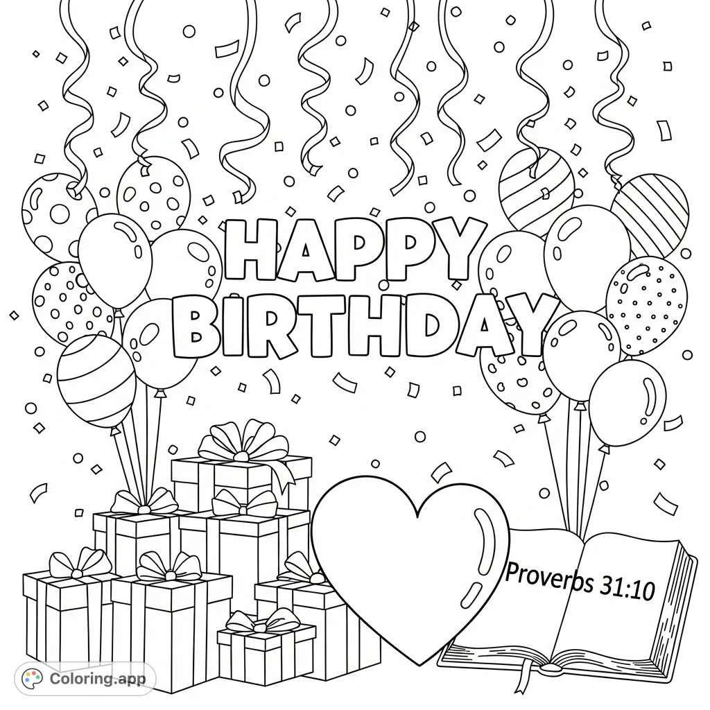 Celebrate a special day with this Happy Birthday coloring page featuring festive balloons, presents, confetti, and a meaningful Bible verse from Proverbs 31:10.