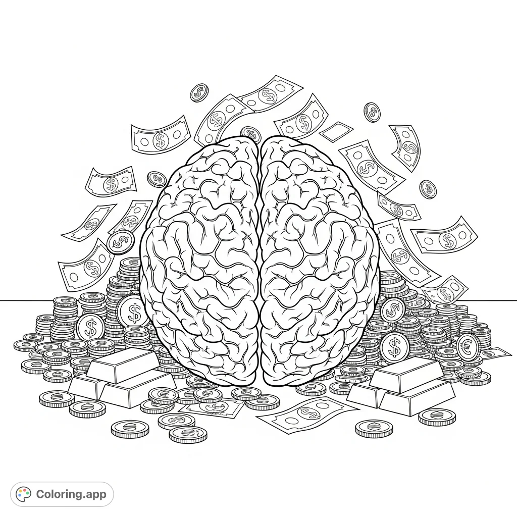 An imaginative wealth brain coloring page with currency notes, coins, and gold bars overflowing. Perfect for visualizing prosperity and abundance.