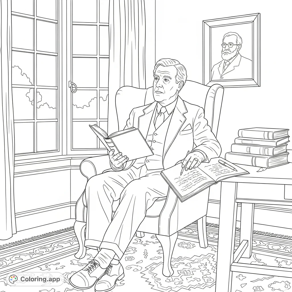 S. Lewis coloring page capturing the author in deep thought, reading a Bible and taking notes amidst scholarly books in his cozy study.