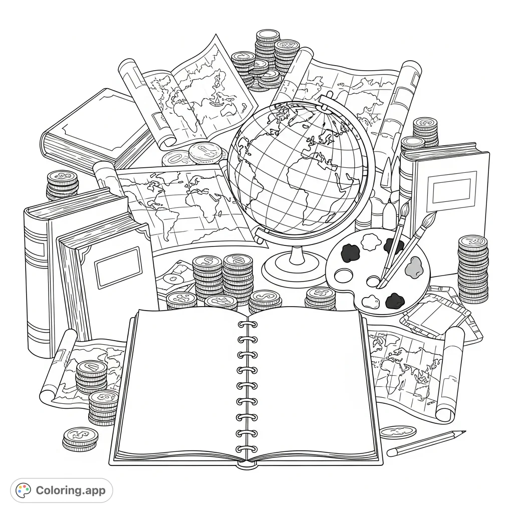 Explore knowledge and creativity with a central notebook surrounded by books, maps, art tools, and a world globe. A free printable education coloring page for all ages.