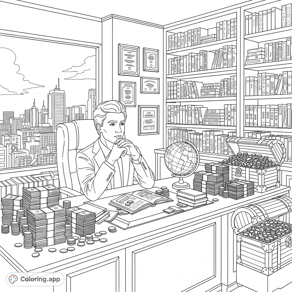 Immerse yourself in a scene of prosperity, featuring a contemplative individual surrounded by towering stacks of money, books, and symbols of success. An inspiring free printable coloring page.