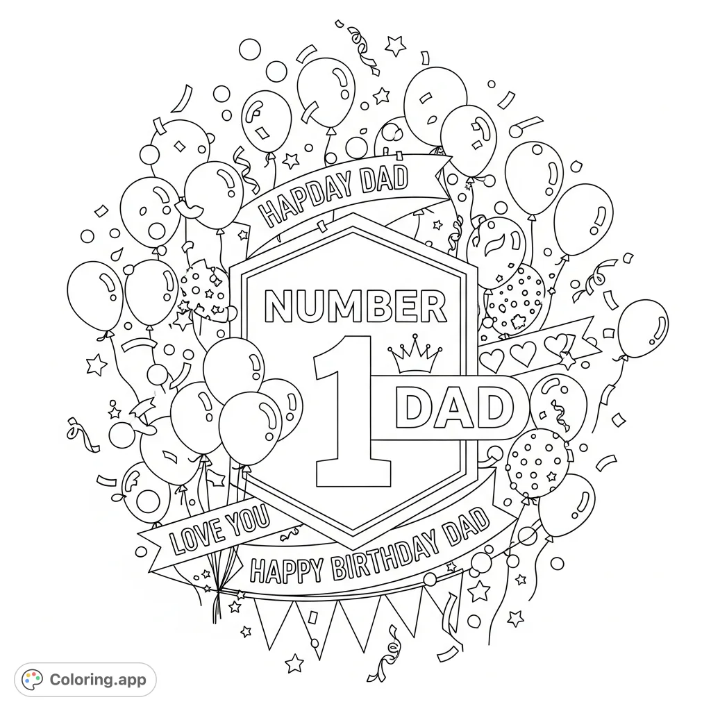 Celebrate the best dad with this festive coloring page featuring a "NUMBER 1 DAD" emblem, balloons, confetti, and sweet messages.