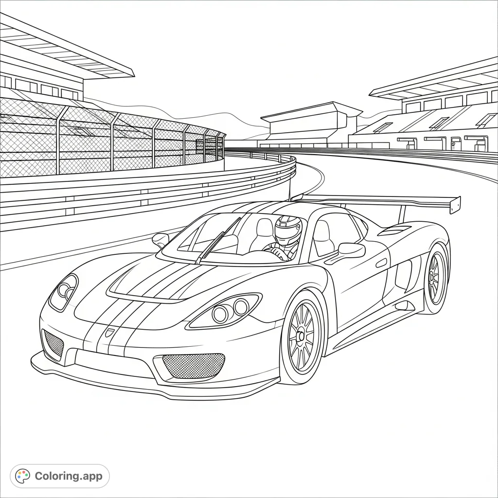 Experience the thrill of speed! Color a detailed race car with bold racing stripes and a visible driver on a dynamic track.