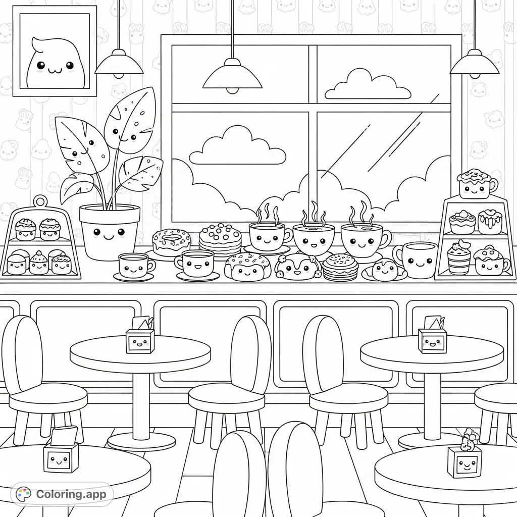 A charming kawaii-style cozy cafe scene, filled with delightful treats, inviting furniture, and adorable details, perfect for a relaxing coloring experience.