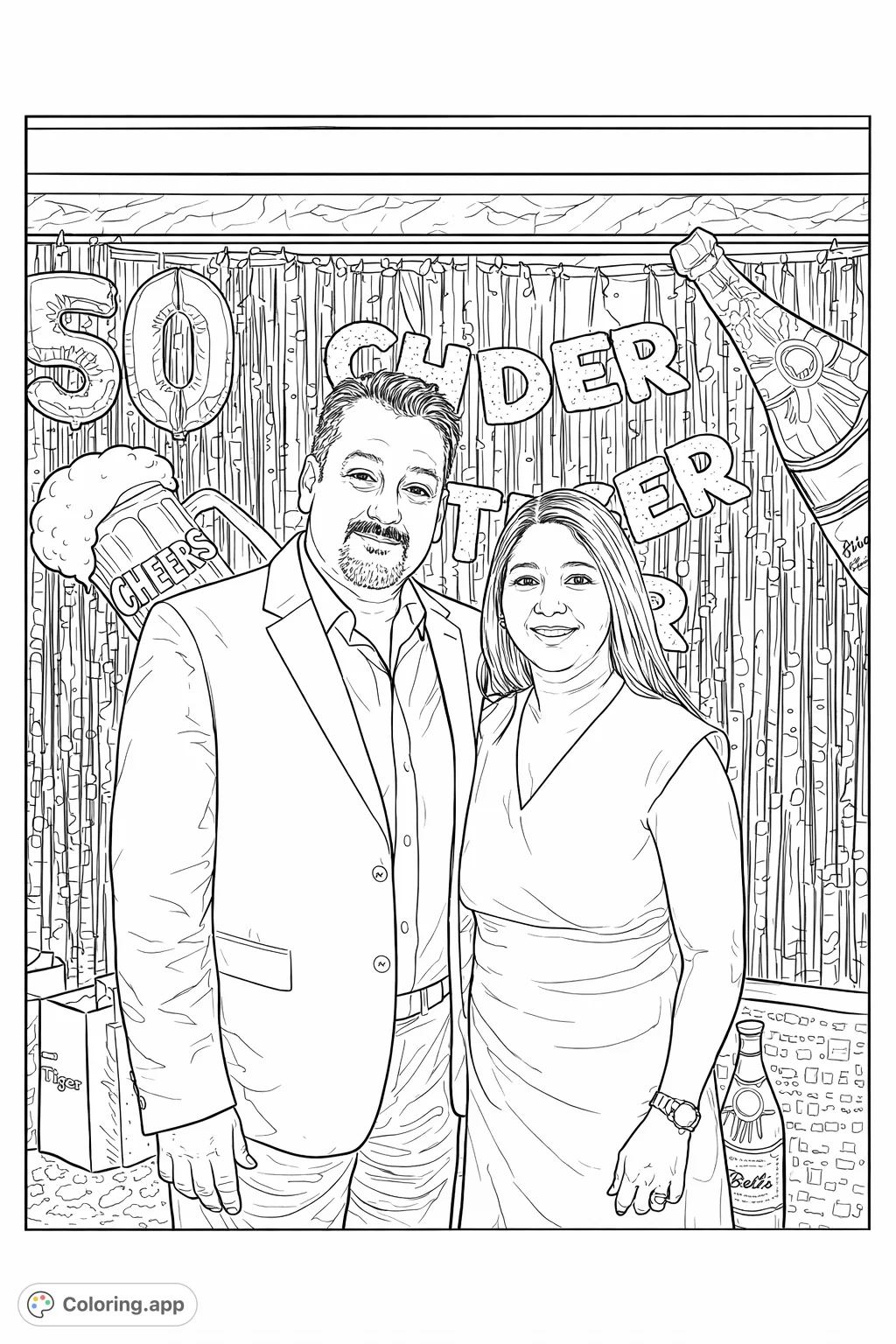 Celebrate a special milestone with this elegant couple coloring page, featuring festive balloons and a sparkling backdrop. Perfect for marking joyful occasions.